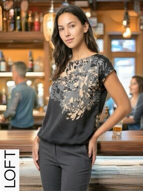 LOFT Black Blouse with Beige Floral Print